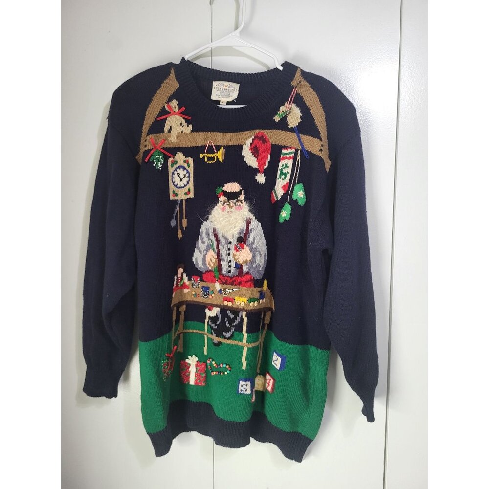 VTG 90s Susan Bristol Navy Santa's Workshop Embroidered Ugly Christmas Sweater L - Picture 6 of 8